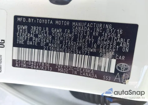 2016 Toyota Corolla Le из США, поврежденный, VIN 2T1BURHE0GC594171